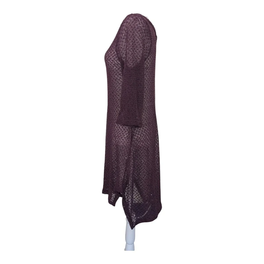 Purple Sparkly Open Knit Dress Women's Size L 3/4 Sleeve Hi-Low Sheer Stretch